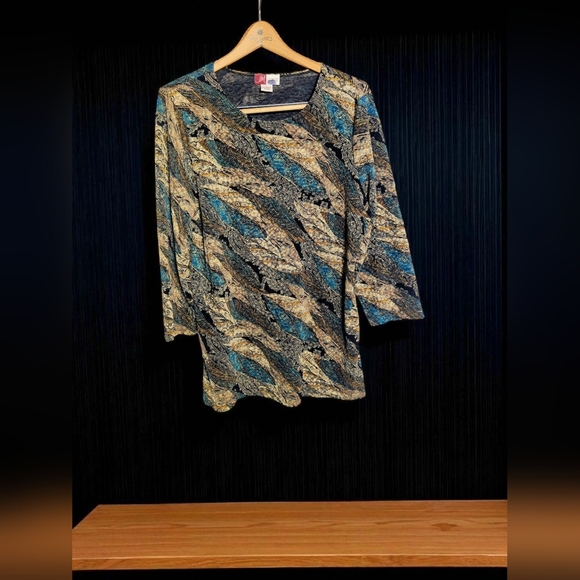 JM Collection L Blue and Tan Abstract Patterned Long Sleeve Shirt - Picture 1 of 4